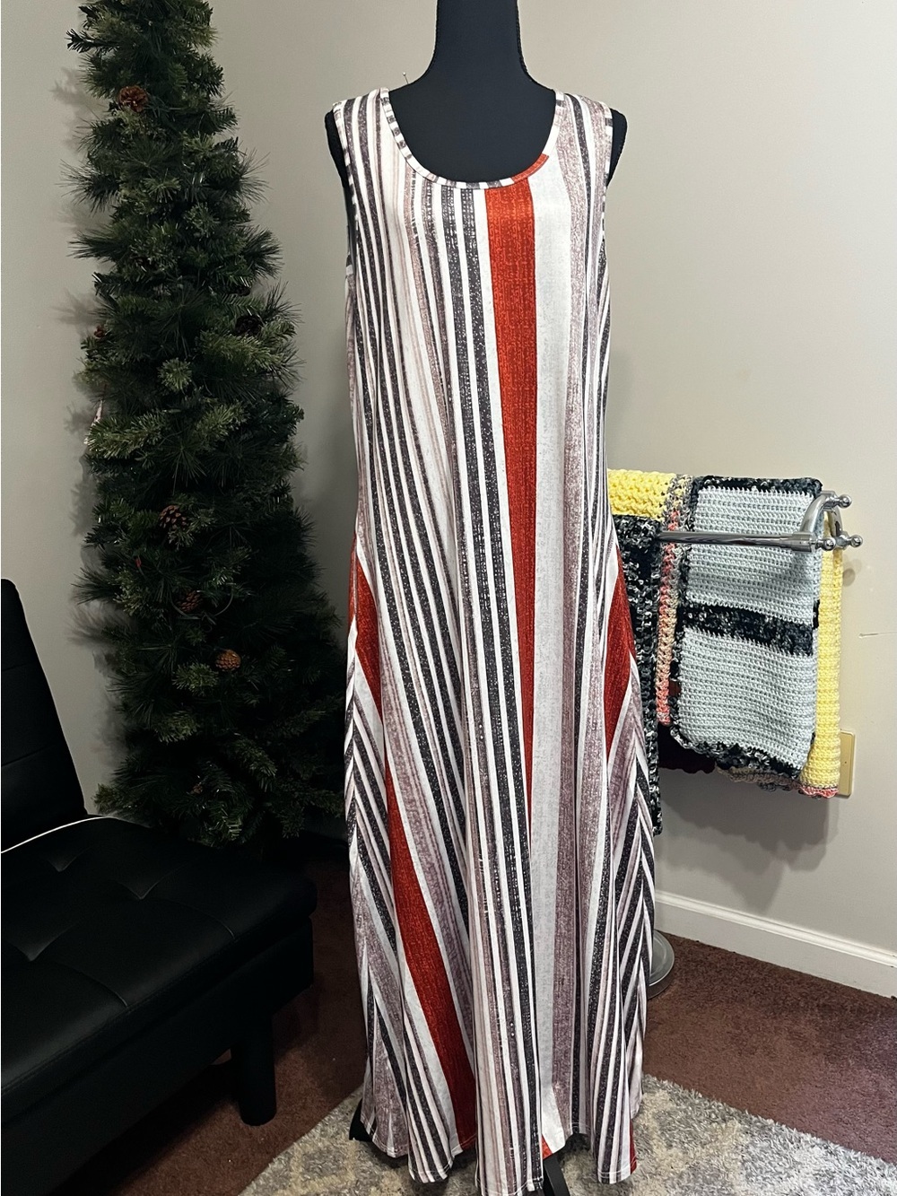 Sleeveless Striped Maxi Dress in Rust, White & Black with pockets